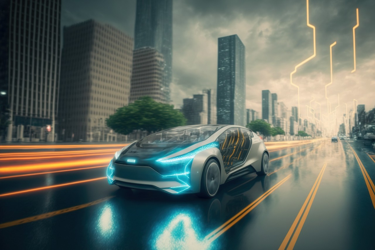 Fast electric car with futuristic autonomous sensor software driving on road